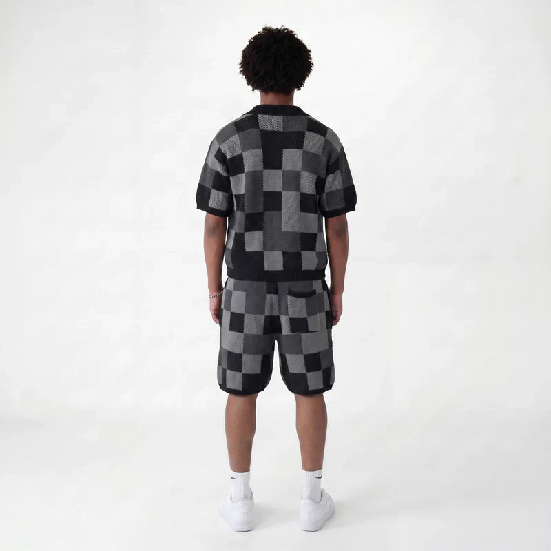 Checkerboard jacquard shirt & shorts set