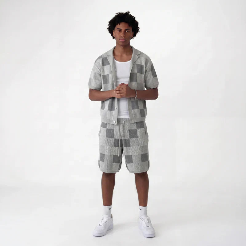 Checkerboard jacquard shirt & shorts set