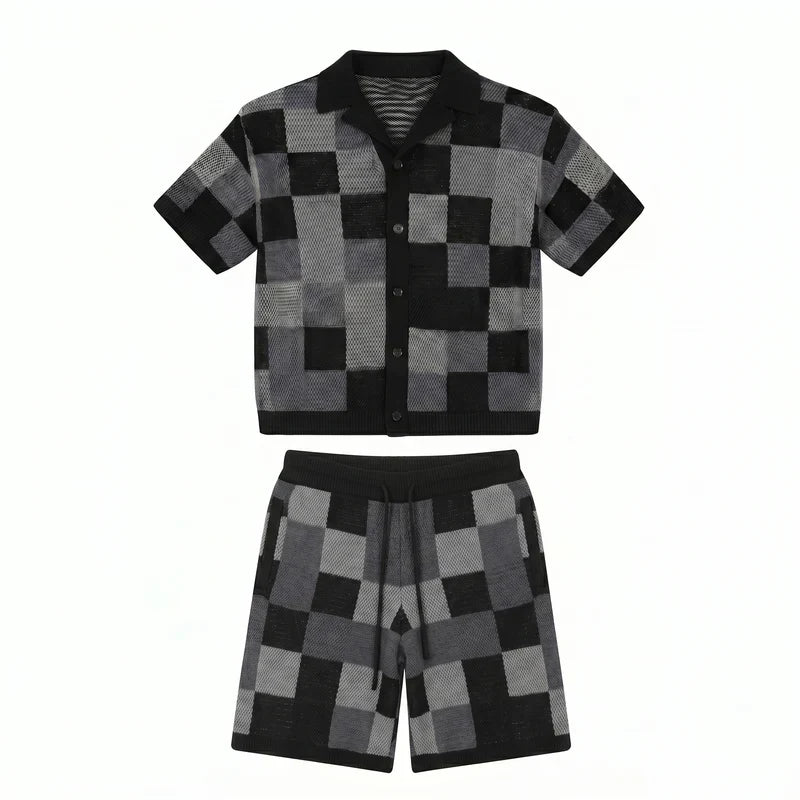 Checkerboard jacquard shirt & shorts set