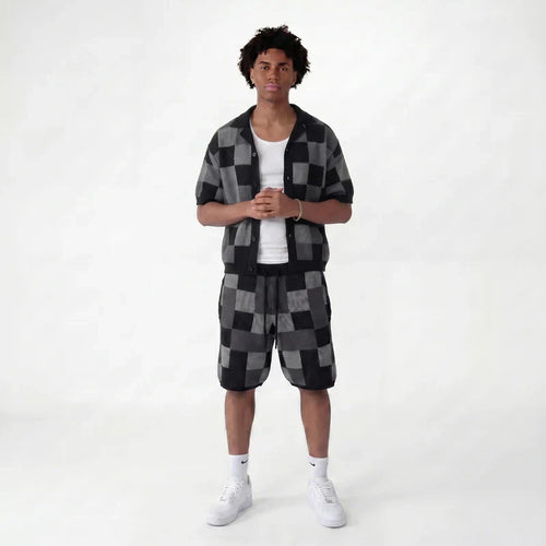 Checkerboard jacquard shirt & shorts set
